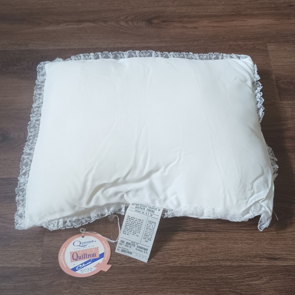 Vintage Quiltex Baby Pillow Quiltron Celanese Acetate Lace Trim White
